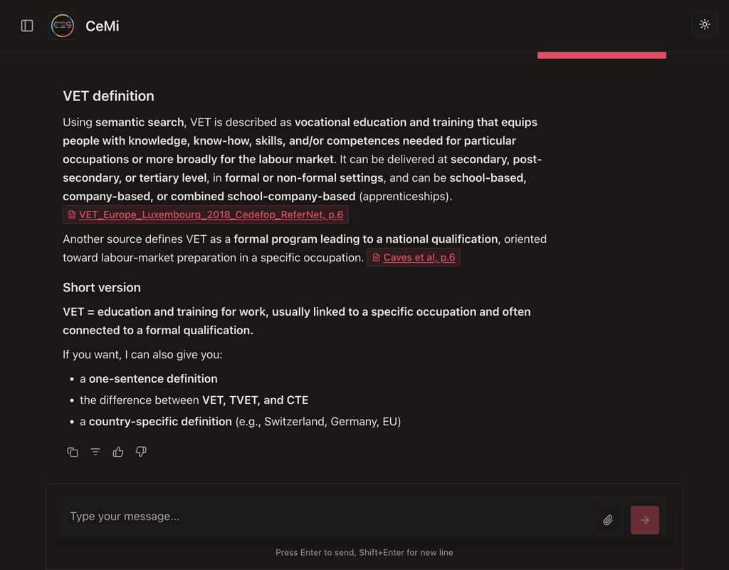 CeMi answering a research question with clickable citations