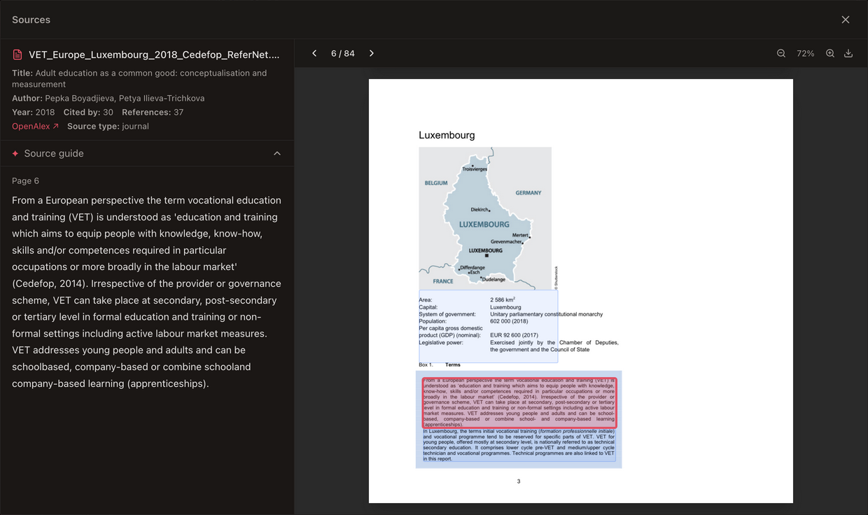 A citation opening the source PDF with the relevant passage highlighted